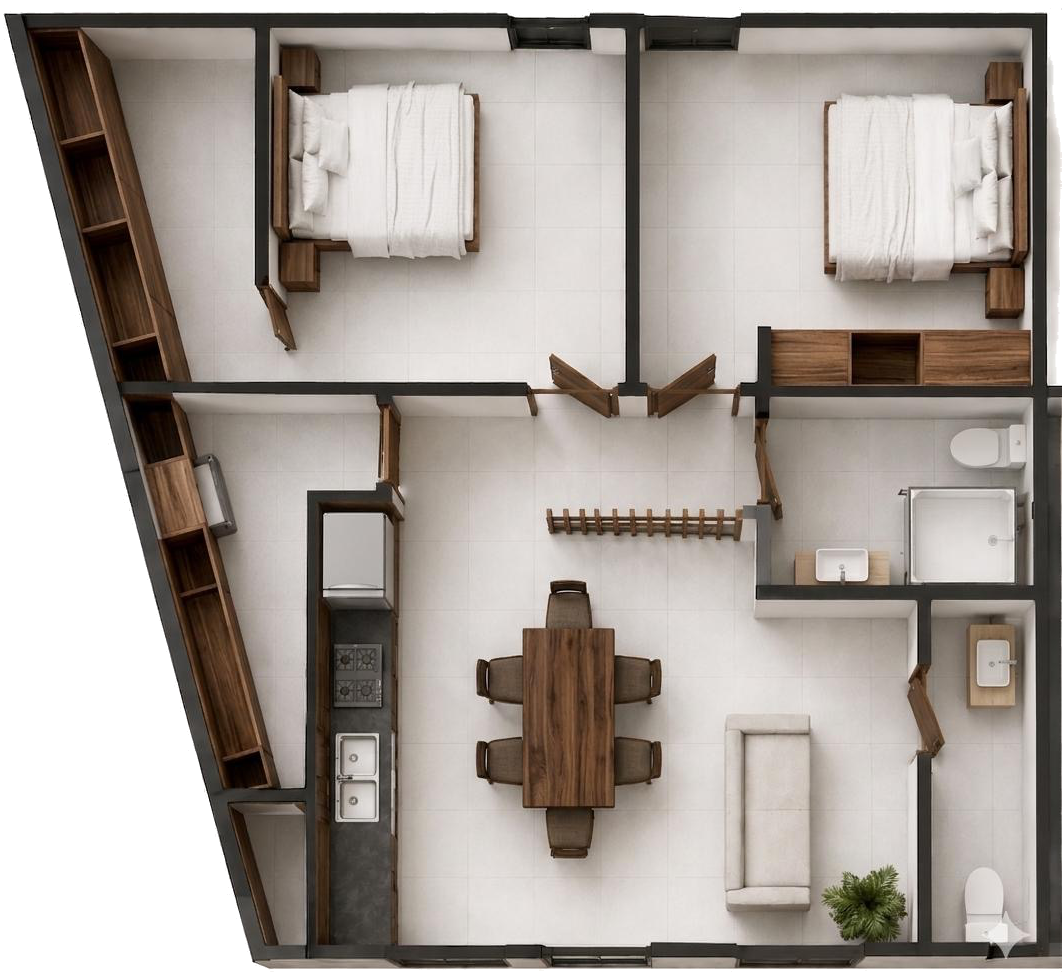 Plano ilustrado · 81 m² · 2 recámaras · 2 baños completos