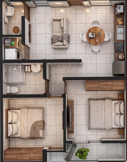 Plano ilustrado · 68 m² · 2 recámaras · 1.5 baños