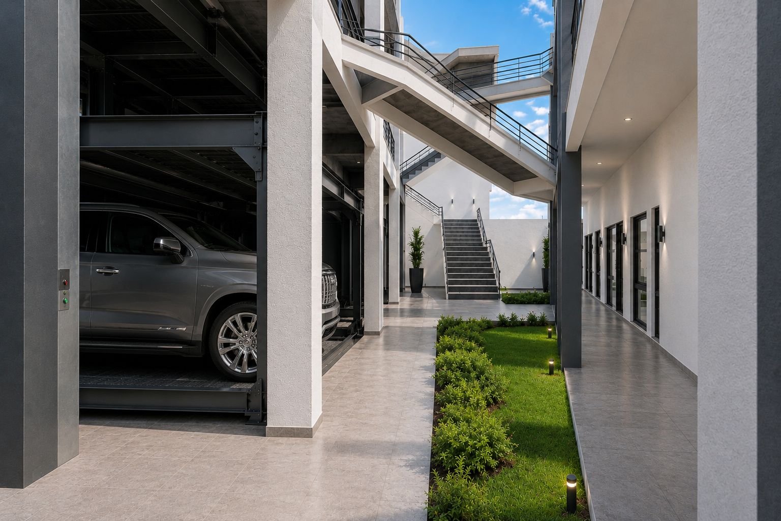 Estacionamiento techado y jardín interior entre las dos torres