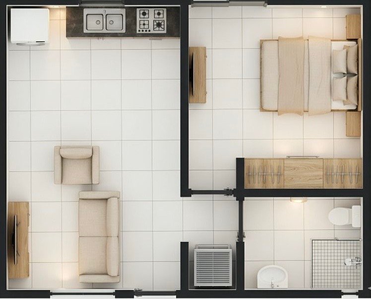 Plano ilustrado · 45 m² · 1 recámara · 1 baño completo