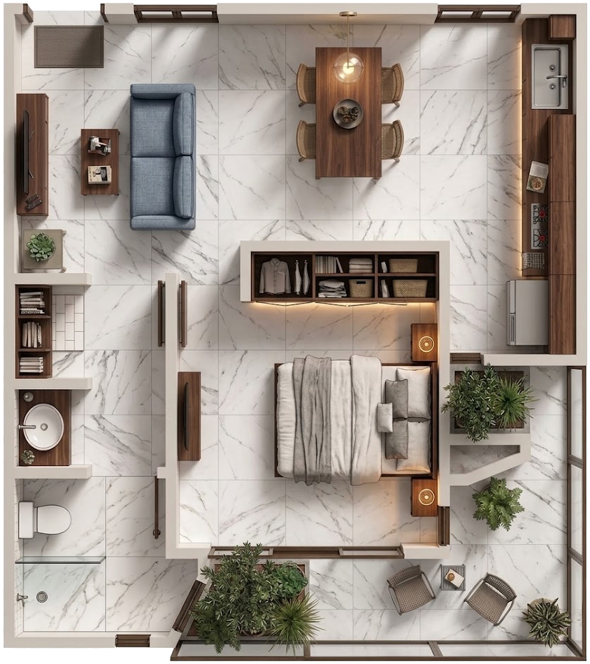 Plano ilustrado · 55 m² · 1 recámara · 1 baño completo · terraza